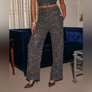 VICI Starlight Gleam Boucle Wide Leg Flare Sequin Embellished Black Pants